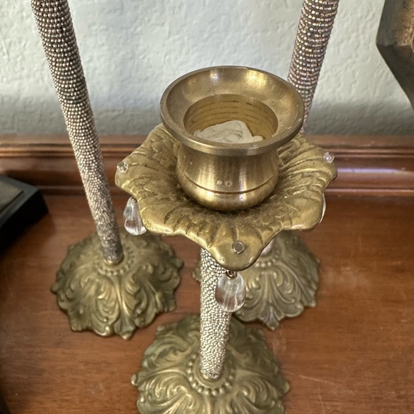 3 brass candle holders with crystal beading and crystal dangles - Picture 7 of 12